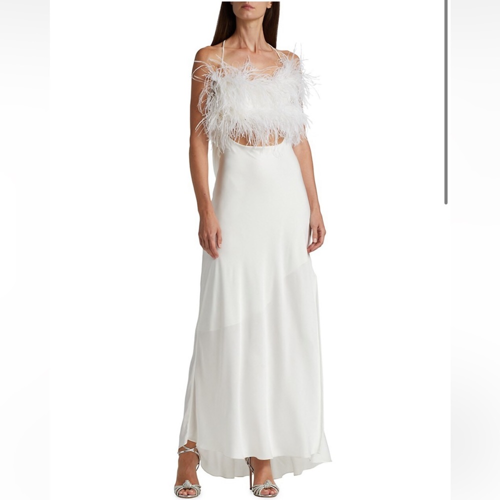 PatBO Feather Trim Satin Slip Dress - White - Low Back